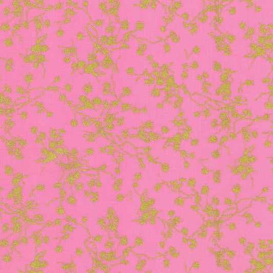 Rosette - 2-Yard Cut of Pink Gold Floral Blender Fabric, Robert Kaufman SRKM2128510, Gold Metallic Vines on Pink Fabric