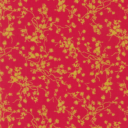 Rosette - 2-Yard Cut of Red Gold Floral Blender Fabric, Robert Kaufman SRKM212853, Gold Metallic Vines on Red Fabric