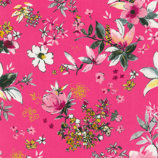 Rosette - 2-Yard Cut of Pink White Gold Floral Fabric, Robert Kaufman SRKM21282110, Pink White Gold Metallic Flowers on Pink Fabric