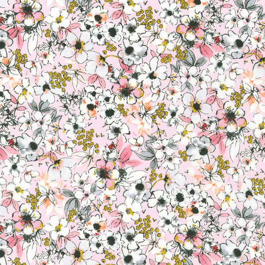 Rosette - 2-Yard Cut of White Flowers on Pale Pink Fabric, Robert Kaufman SRKM2128410, White Black Gold Metallic Packed Flowers Pink Fabric