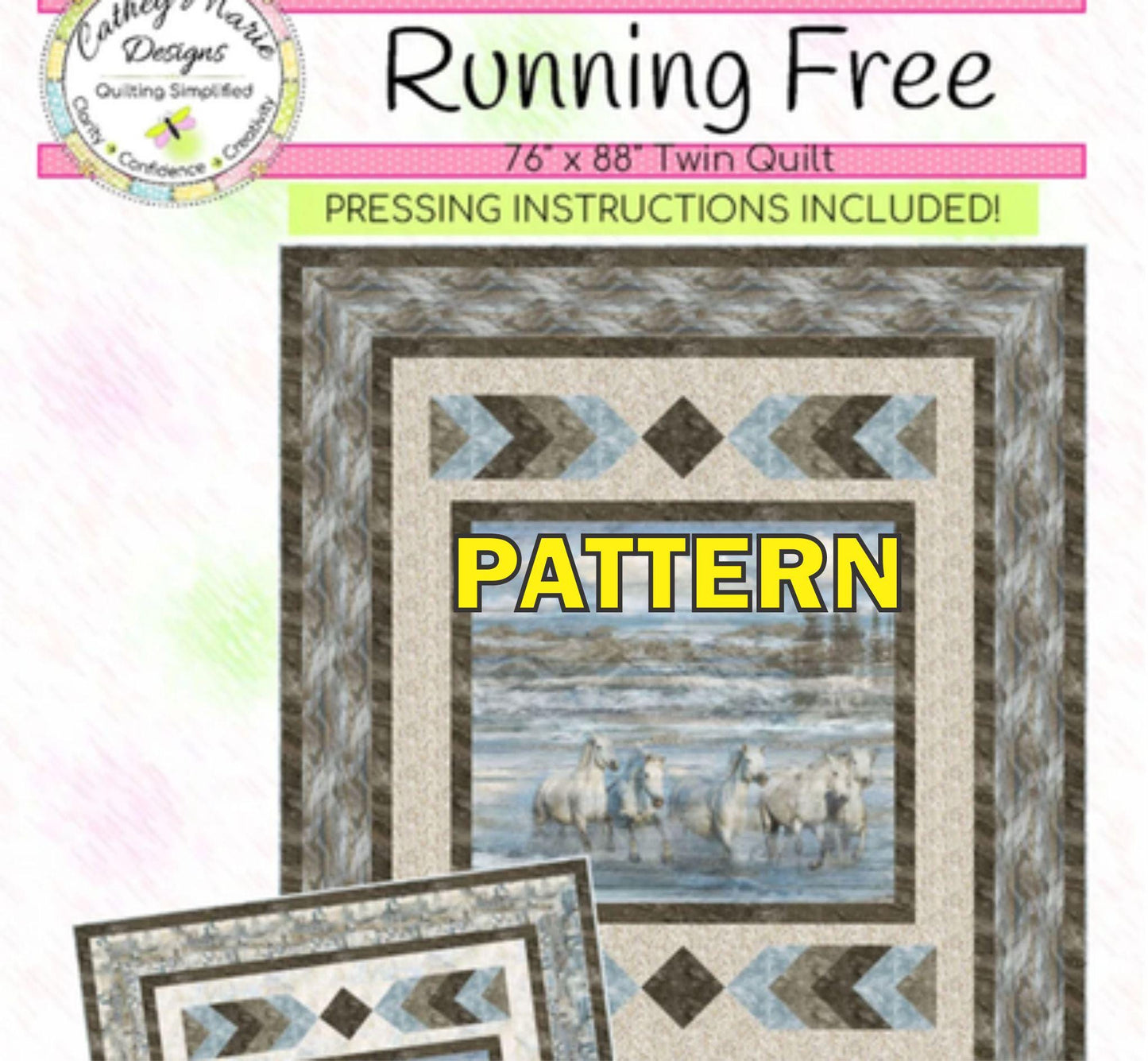 Running Free Panel Frame Quilt PATTERN, Cathey Marie Designs CMD331 PTN3566, 36" Horizontal Fabric Panel Friendly Quilt Pattern