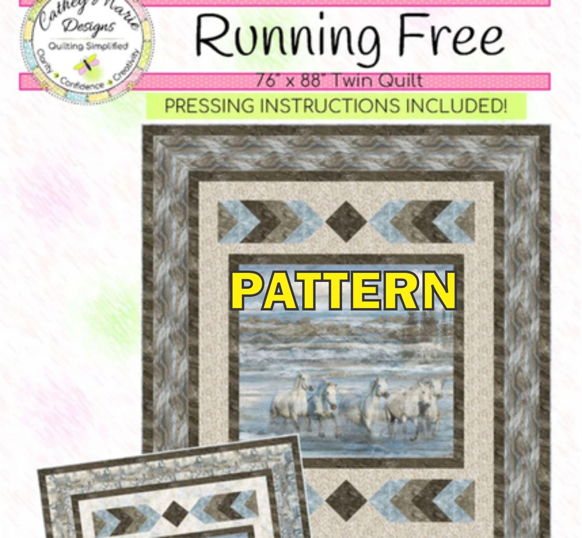 Running Free Panel Frame Quilt PATTERN, Cathey Marie Designs CMD331 PTN3566, 36" Horizontal Fabric Panel Friendly Quilt Pattern