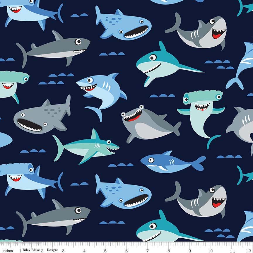 Sharktown 5" Precut Stacker OOP, Riley Blake 5-6350-42, Precut 5" Sharks Nautical Charm Pack Fabric Squares, Shawn Wallace