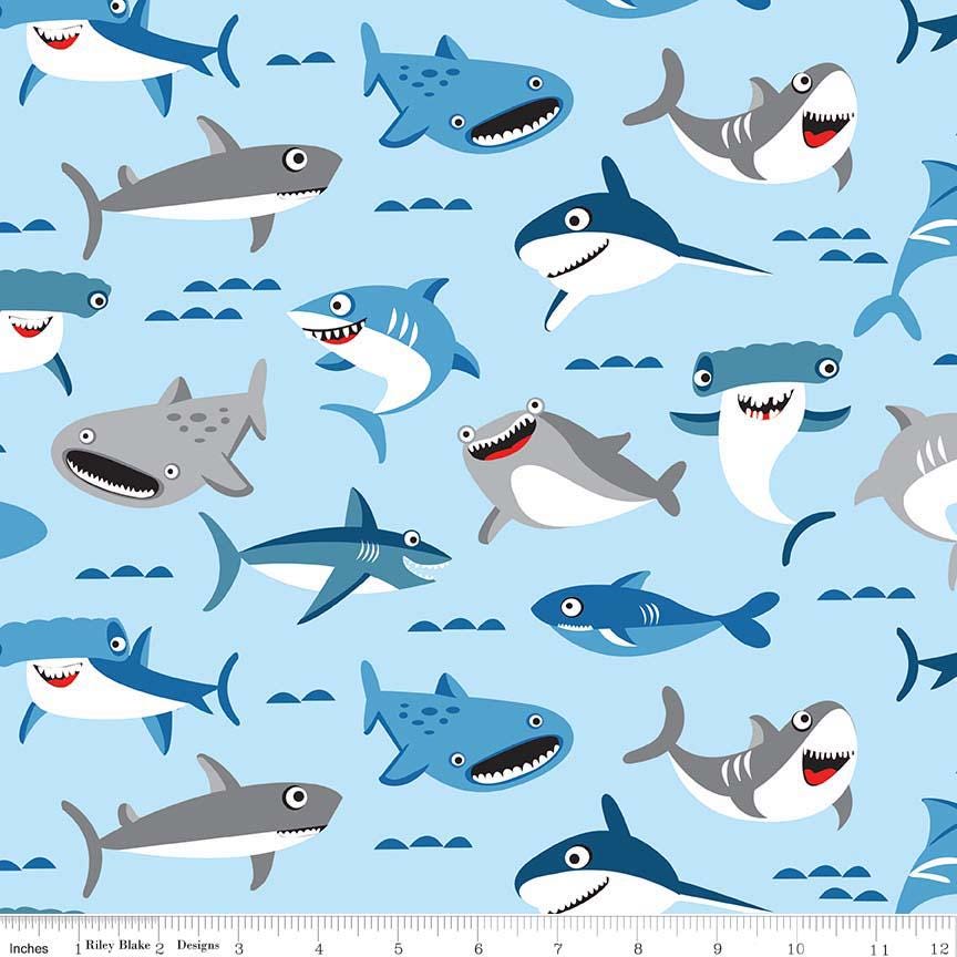 Sharktown 5" Precut Stacker OOP, Riley Blake 5-6350-42, Precut 5" Sharks Nautical Charm Pack Fabric Squares, Shawn Wallace