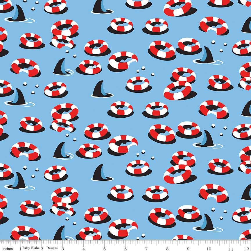Sharktown 5" Precut Stacker OOP, Riley Blake 5-6350-42, Precut 5" Sharks Nautical Charm Pack Fabric Squares, Shawn Wallace