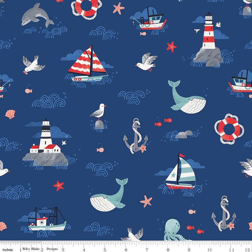 Lost at Sea 5" Stacker OOP, Riley Blake 5-13400-42, 5" Precut Red Blue Boats Whales Nautical Ocean Charm Pack Fabric Squares