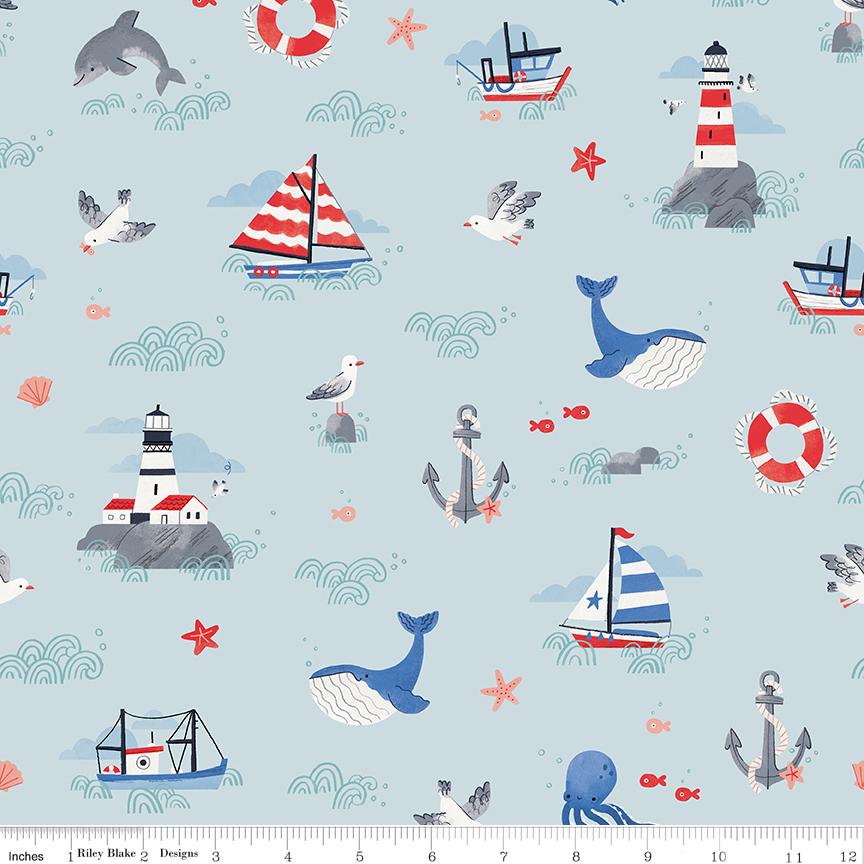 Lost at Sea 5" Stacker OOP, Riley Blake 5-13400-42, 5" Precut Red Blue Boats Whales Nautical Ocean Charm Pack Fabric Squares