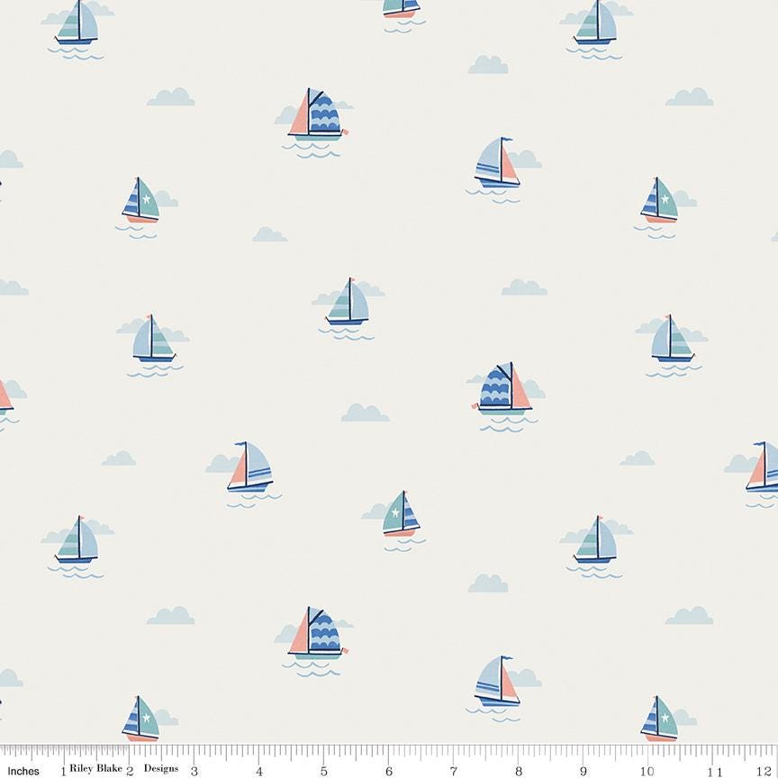 Lost at Sea 5" Stacker OOP, Riley Blake 5-13400-42, 5" Precut Red Blue Boats Whales Nautical Ocean Charm Pack Fabric Squares