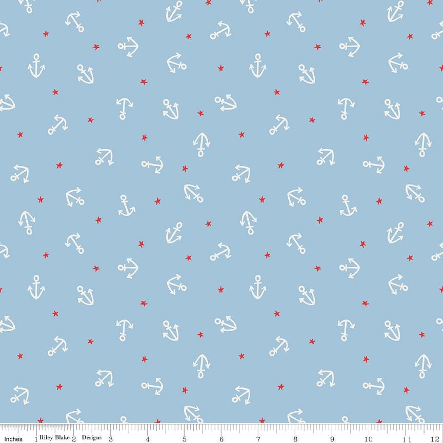 Lost at Sea 5" Stacker OOP, Riley Blake 5-13400-42, 5" Precut Red Blue Boats Whales Nautical Ocean Charm Pack Fabric Squares