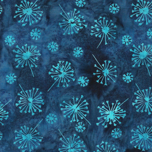 Just Dandy - Aqua Dandelions on Navy Blue Floral Batik Fabric, Island Batik 422406580 Wispy Dandelions, Cotton Batik Fabric, By the Yard