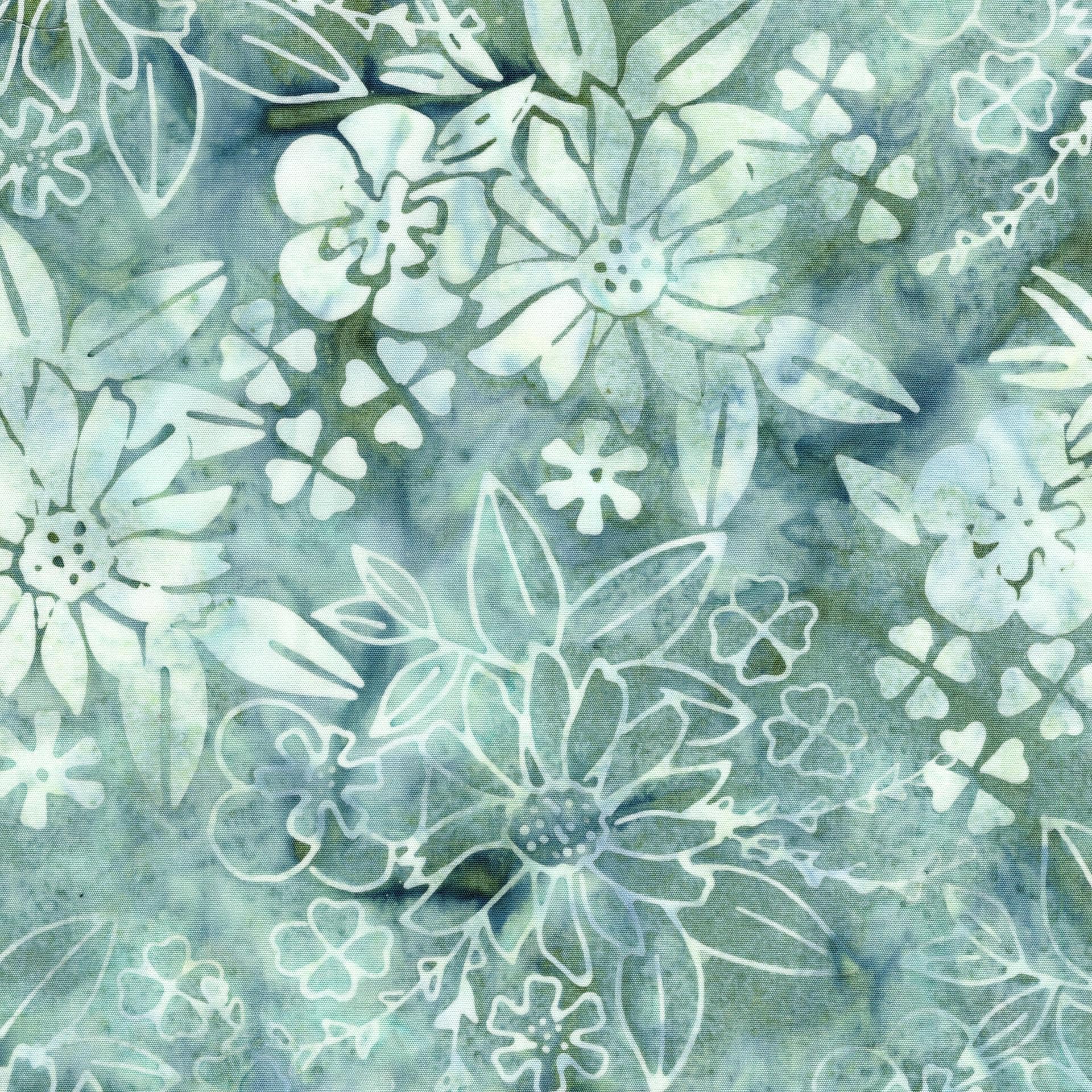 Frosted Foliage - Gray Blue Green Floral Batik Fabric, Island Batik 912501855 Floral Spary, Tonal Texture Cotton Fabric, By the Yard