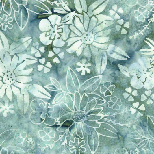 Frosted Foliage - Gray Blue Green Floral Batik Fabric, Island Batik 912501855 Floral Spary, Tonal Texture Cotton Fabric, By the Yard