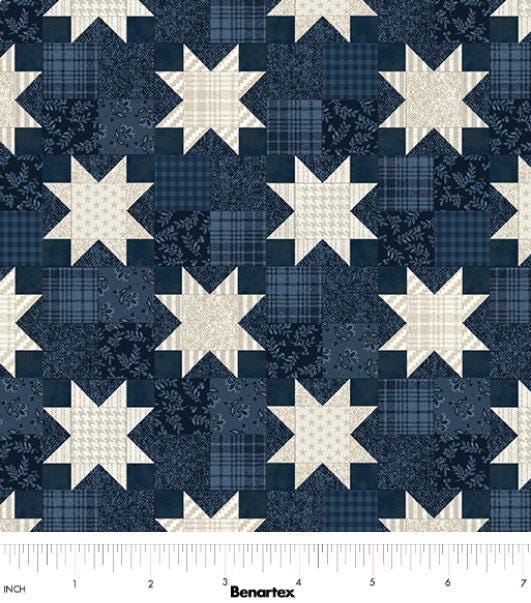 American Valor - Blue White Stars Fabric, Benartex 16873-56 Navy, Quilt Look Patterned Patriotic Stars Cotton Quilt Fabric, Cheryl Haynes
