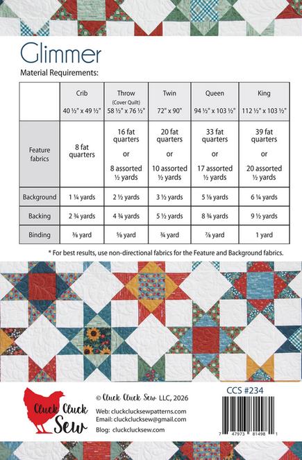 Glimmer Quilt Pattern, Cluck Cluck Sew CCS234, Fat Quarter FQ Yardage Friendly Ohio Star Quilt Pattern