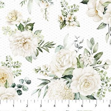 White Wedding - White Roses on White Fabric, Northcott 28382-10, White Rose Netting Floral Cotton Quilt Fabric, By the Yard
