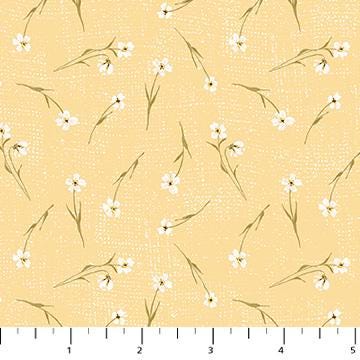 Humblebee - Small White Tossed Flowers on Yellow Fabric, FIGO RC91127-52, Floral Cotton Quilt Apparel Fabric, Aimee Parker, By the Yard