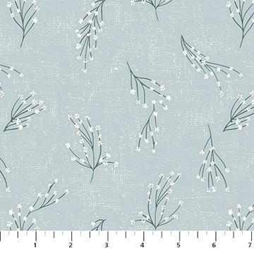 Humblebee- Small White Tossed Flower Branches on Blue Fabric, FIGO RC91122-40, Floral Cotton Quilt Apparel Fabric, Aimee Parker, By the Yard