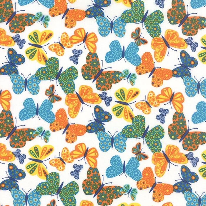 On the Wing OOP Charm Pack Fabric, Moda 35260PP, 5" Precut Quilt Floral Butterfly Birds Juvenile Fabric Squares, Abi Hall