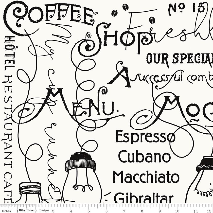 Coffee Chalk 5" Stacker OOP Charm Pack, Riley Blake 5-11030-42, 5" Precut Coffee Themed Charm Pack Fabric Squares, J Wecker Frisch