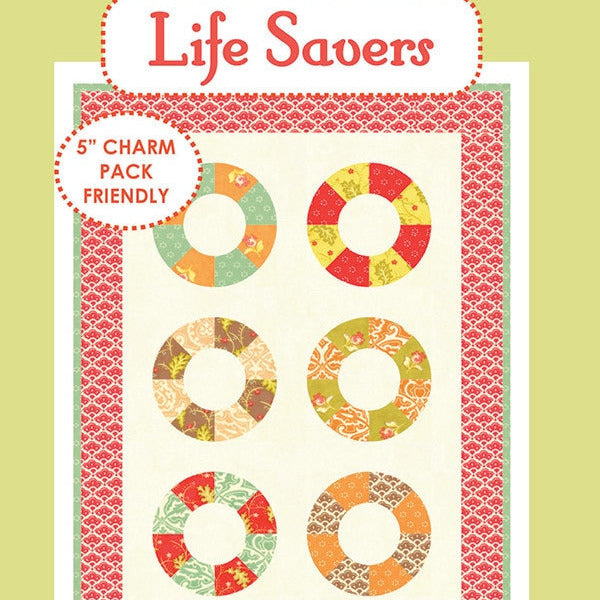 Life Savers Bed Table Runner Quilt Pattern, Fig Tree Co FTQ973, Charm Pack Friendly Pieced Circles Rings Bed Runner Pattern