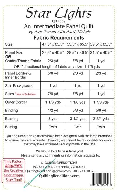 Star Lights Panel Frame Quilt PATTERN, Quilting Renditions QR1332, Vertical Fabric Panel Friendly Star Throw Quilt Pattern
