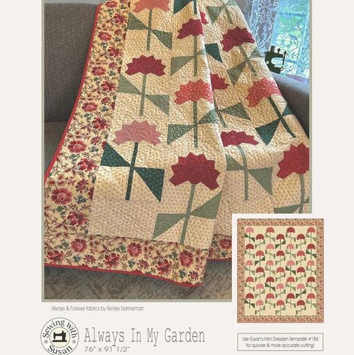 Always in My Garden Quilt Pattern, Suzn Quilts SUZ363, Yardage Friendly Dresden Flowers Throw Quilt Pattern