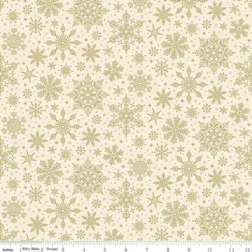 Poinsettias at Christmas - Gold Snowflakes on Cream Fabric, Riley Blake CF17635-Cream, Gold Metallic Christmas Cotton Fabric, Bosworth