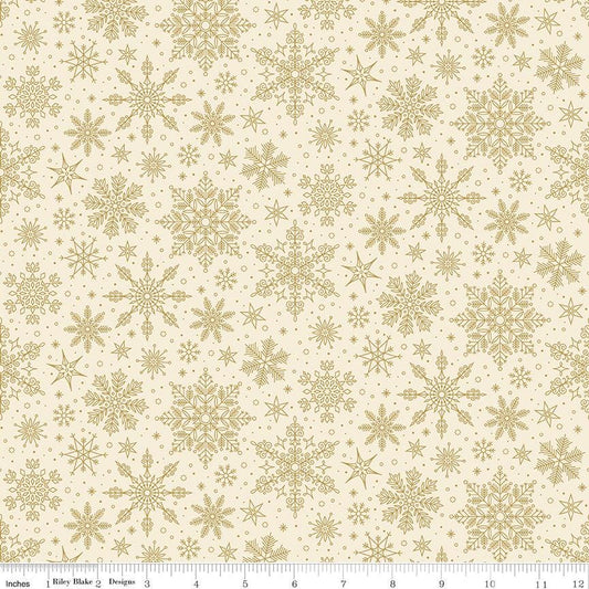 Poinsettias at Christmas - Gold Snowflakes on Cream Fabric, Riley Blake CF17635-Cream, Gold Metallic Christmas Cotton Fabric, Bosworth