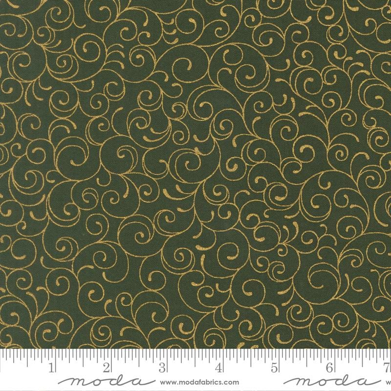 Merry Manor - Metallic Gold Swirl on Green Christmas Fabric, Moda 33865 13M Evergreen, Dark Green Xmas Blender Fabric, By the Yard