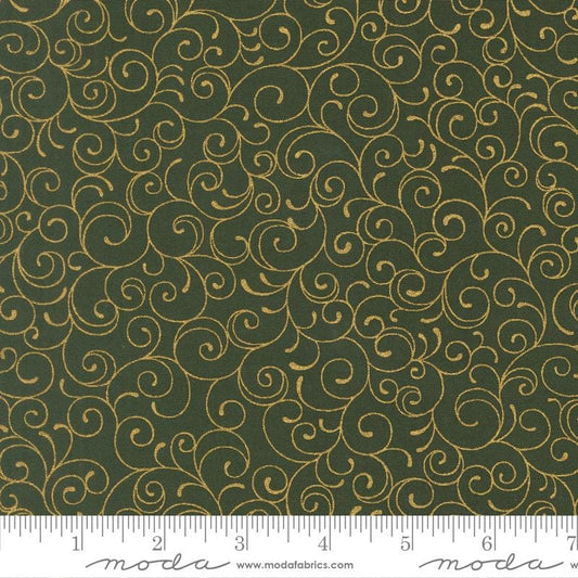 Merry Manor - Metallic Gold Swirl on Green Christmas Fabric, Moda 33865 13M Evergreen, Dark Green Xmas Blender Fabric, By the Yard