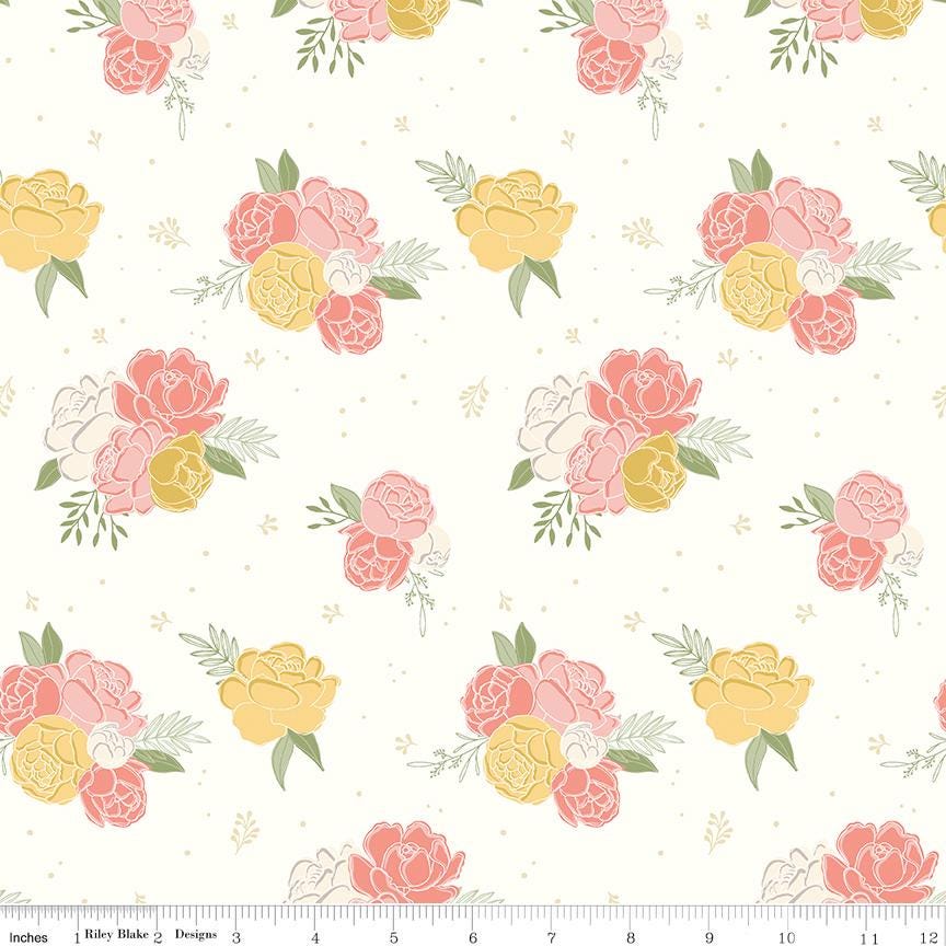 Daybreak 5" OOP Stacker, Riley Blake 5-11620-42, 5" Precut Pink Yellow Blue Floral Bee Charm Pack Fabric Squares, Cotton and Joy