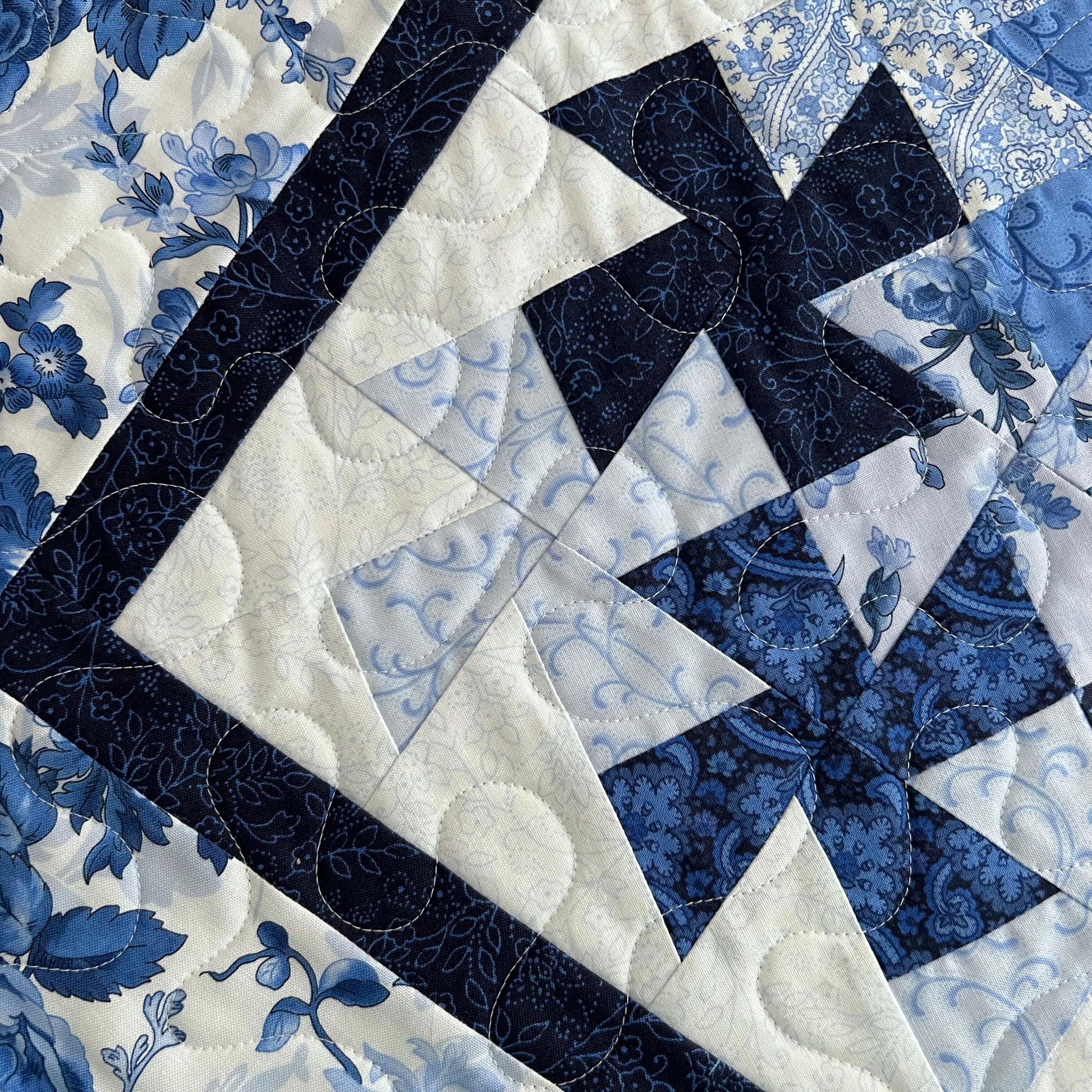 Blue White Floral Twister Quilted Table Topper, 18.25" x 36.25", Handmade Blue Belle Table Topper Quilt