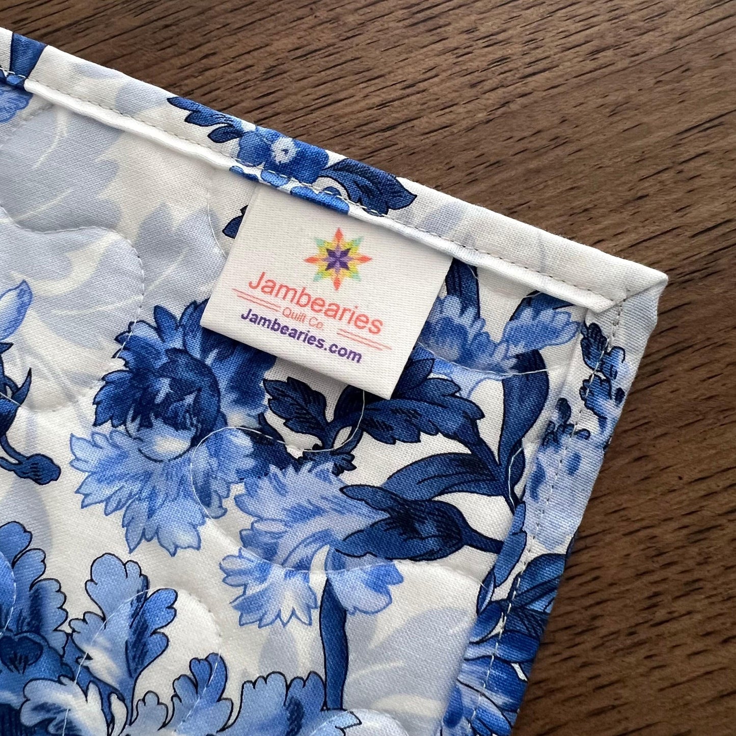 Blue White Floral Twister Quilted Table Topper, 18.25" x 36.25", Handmade Blue Belle Table Topper Quilt