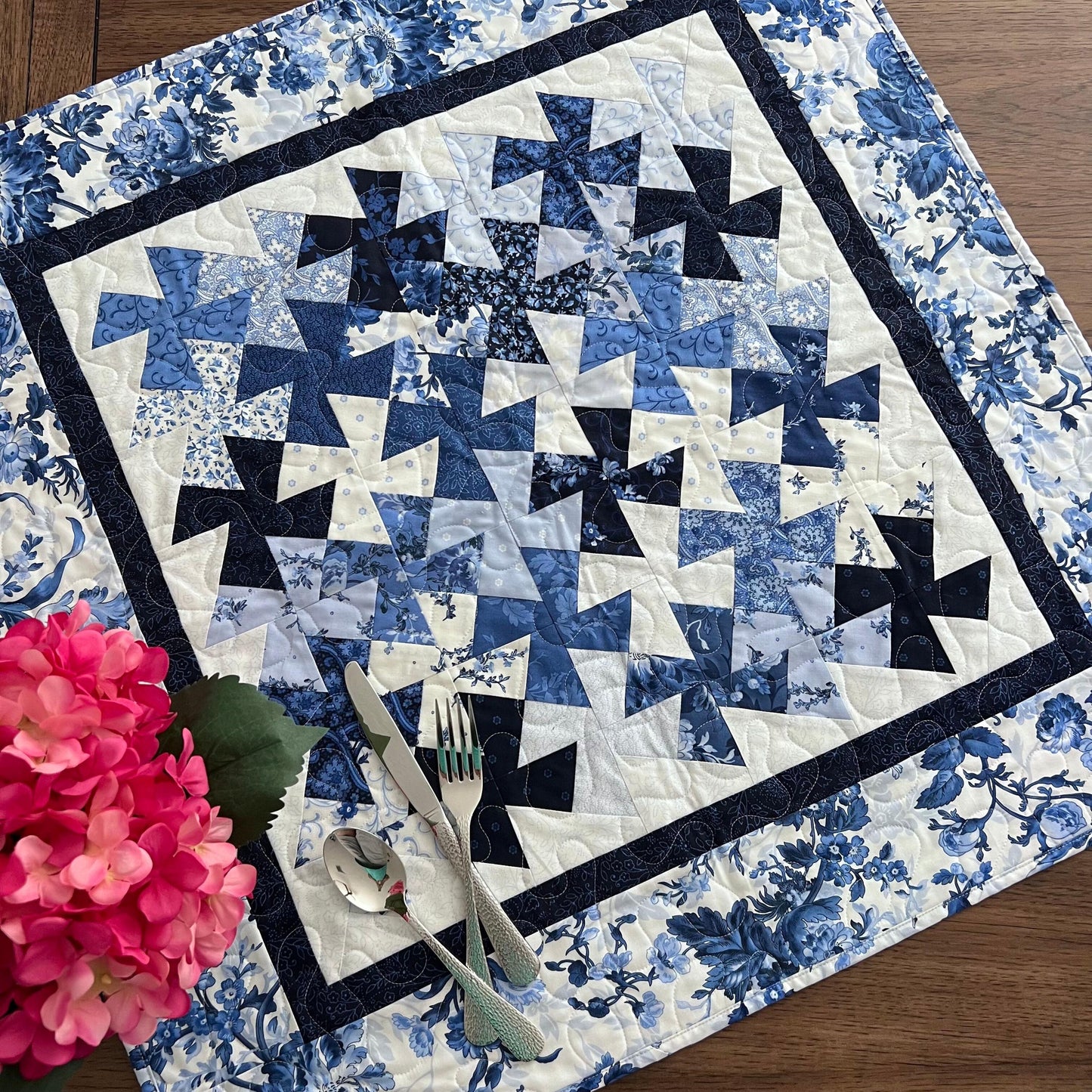 Blue White Floral Twister Quilted Table Topper, 18.25" x 36.25", Handmade Blue Belle Table Topper Quilt