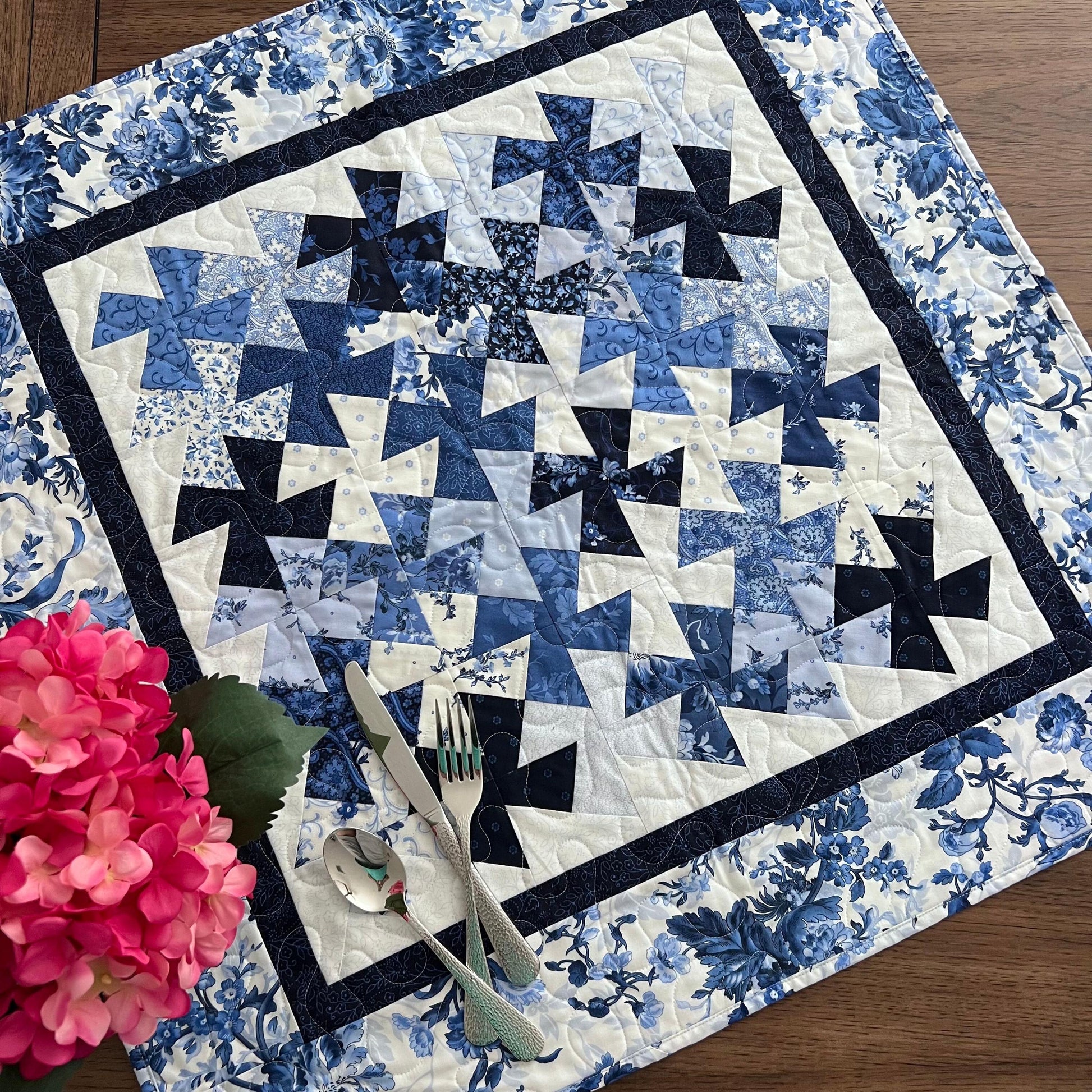Blue White Floral Twister Quilted Table Topper, 18.25" x 36.25", Handmade Blue Belle Table Topper Quilt
