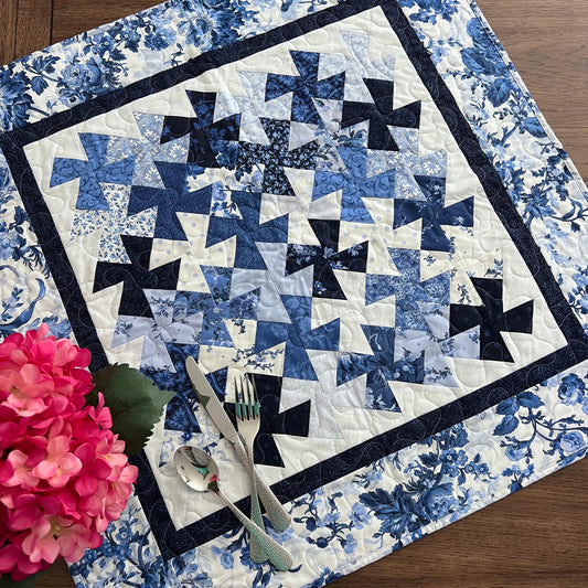 Blue White Floral Twister Quilted Table Topper, 18.25" x 36.25", Handmade Blue Belle Table Topper Quilt