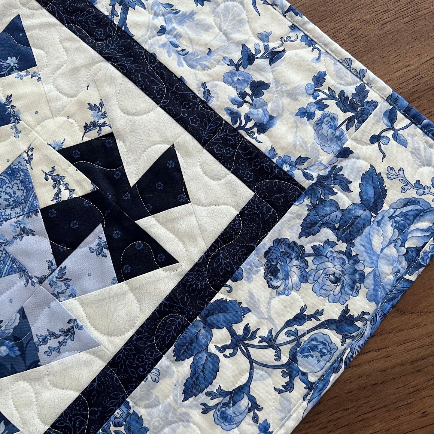 Blue White Floral Twister Quilted Table Topper, 18.25" x 36.25", Handmade Blue Belle Table Topper Quilt
