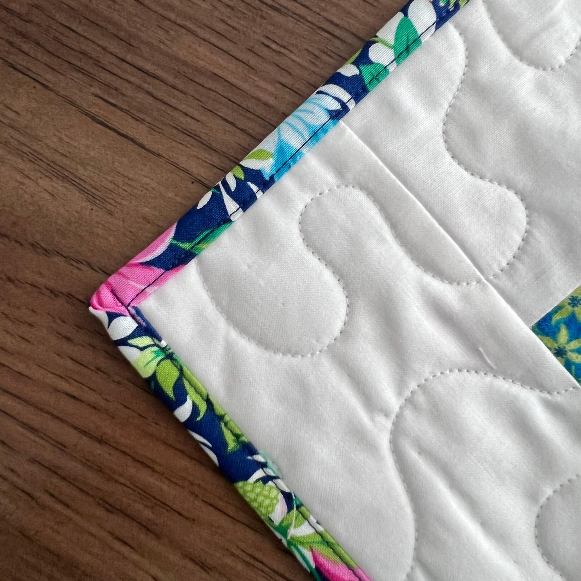 Tropical Trip Around the World Quilted Table Topper, 24.25" x 24.5", Handmade Blue Green Pink White Tropical Parrot Table Topper Quilt
