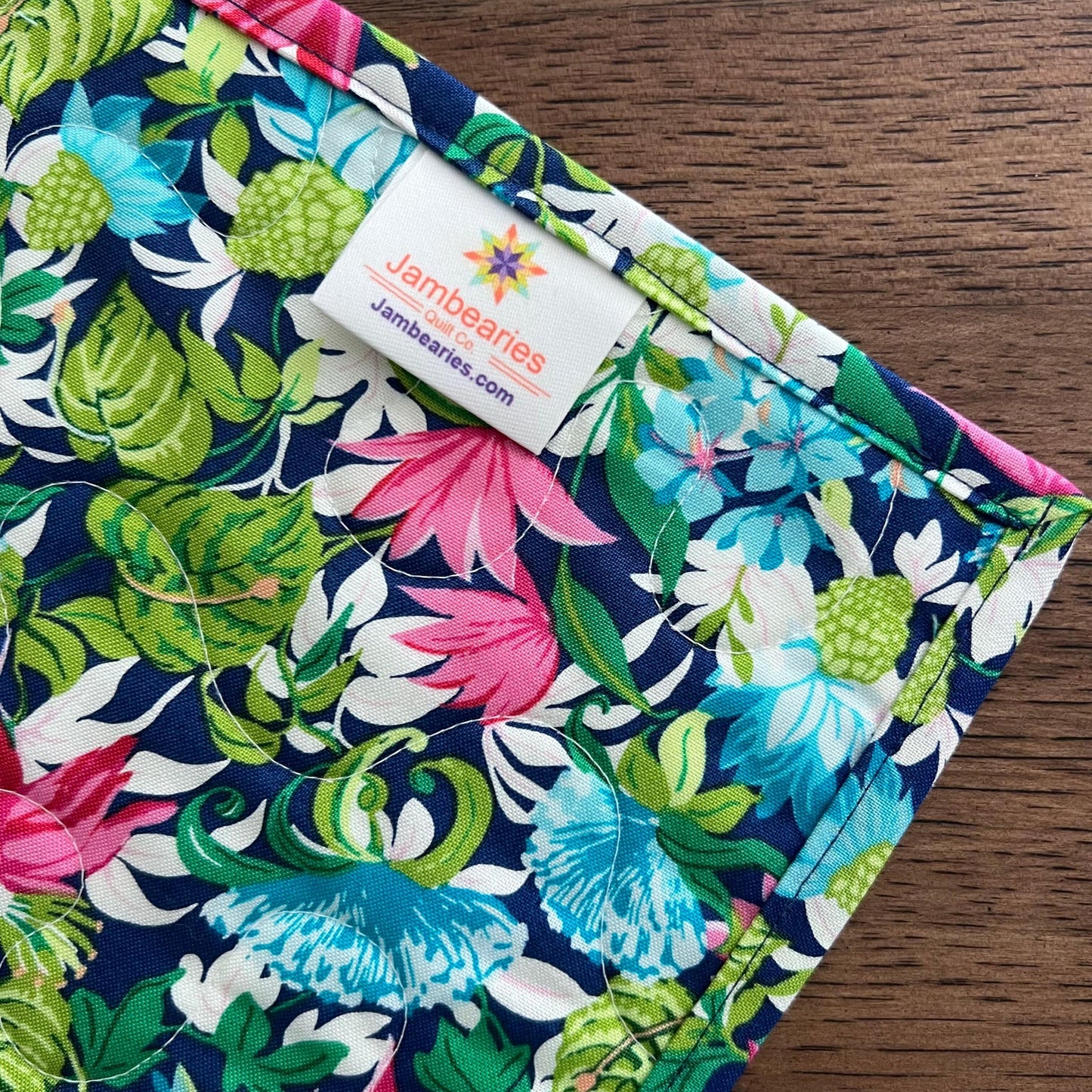 Tropical Trip Around the World Quilted Table Topper, 24.25" x 24.5", Handmade Blue Green Pink White Tropical Parrot Table Topper Quilt