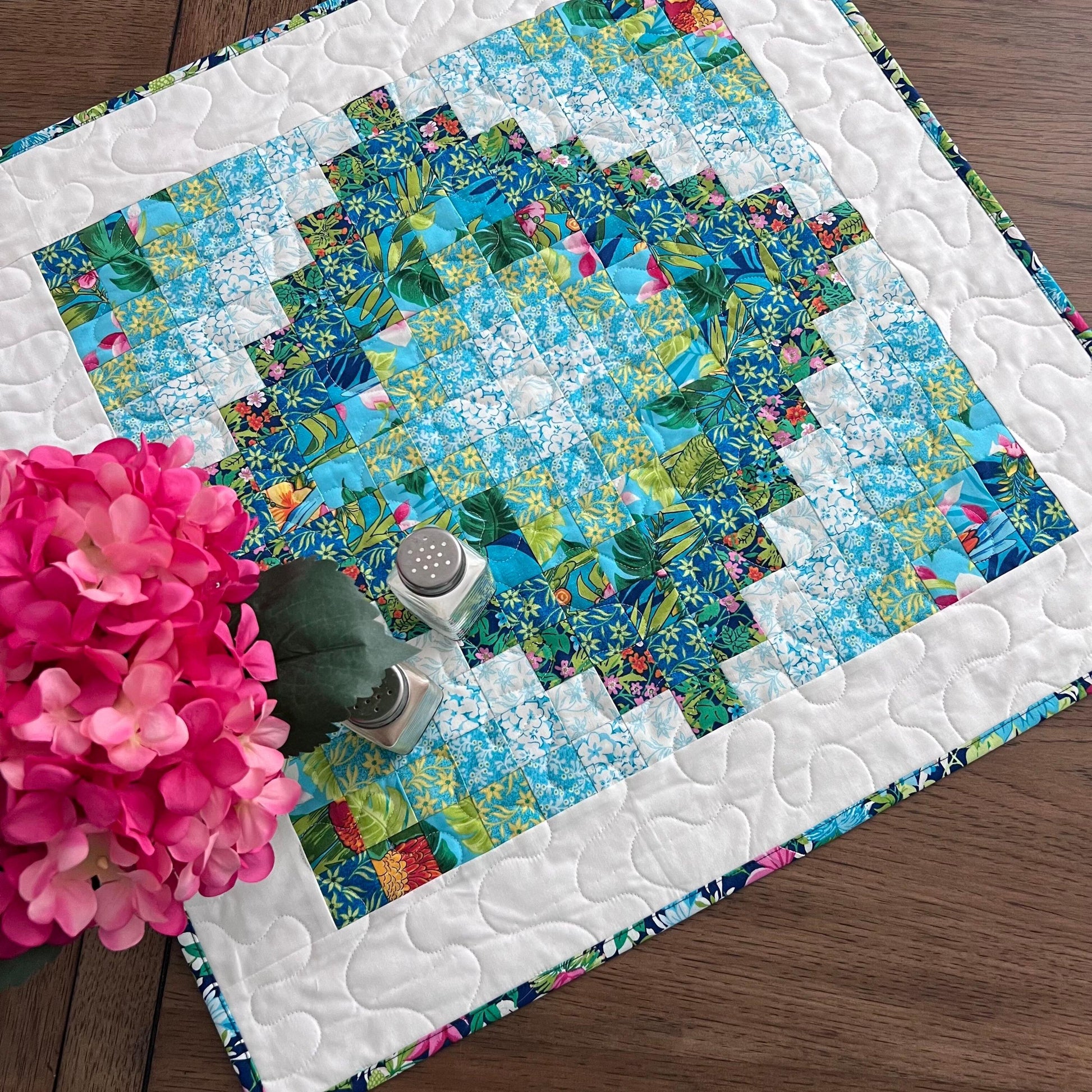 Tropical Trip Around the World Quilted Table Topper, 24.25" x 24.5", Handmade Blue Green Pink White Tropical Parrot Table Topper Quilt