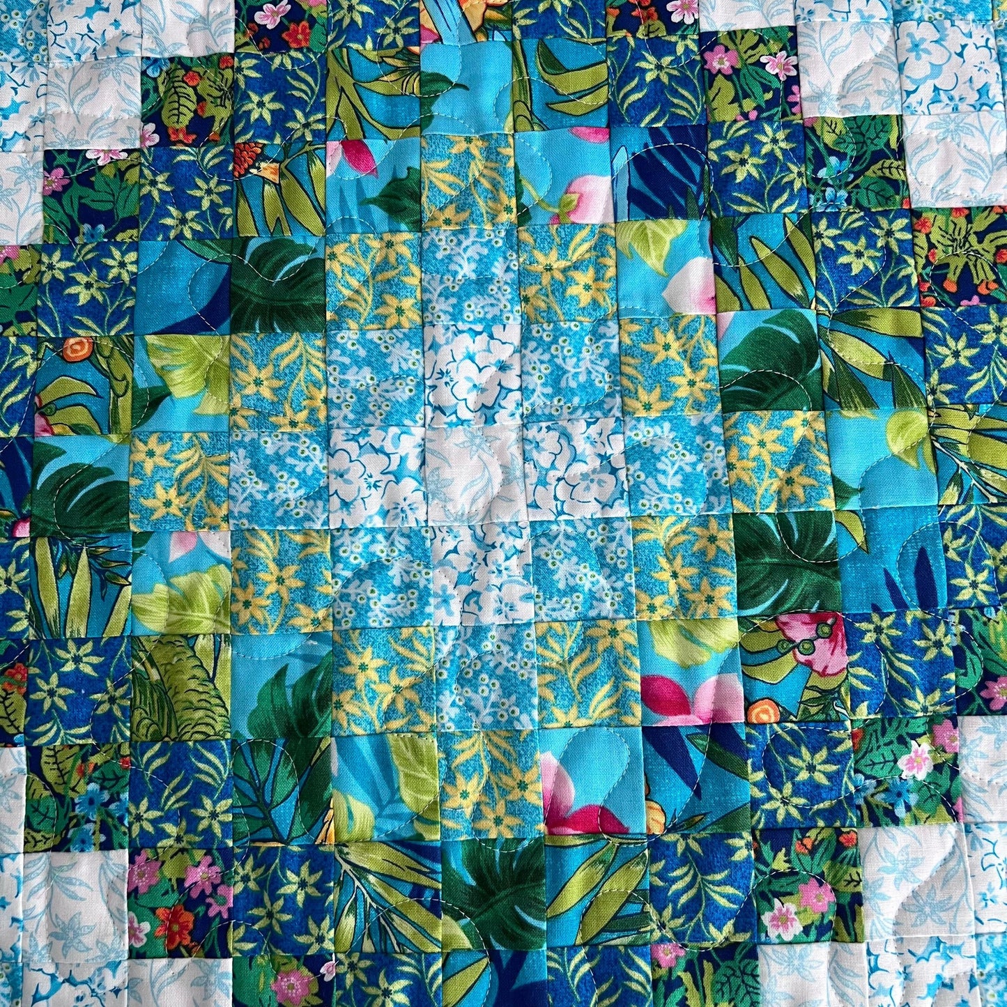 Tropical Trip Around the World Quilted Table Topper, 24.25" x 24.5", Handmade Blue Green Pink White Tropical Parrot Table Topper Quilt