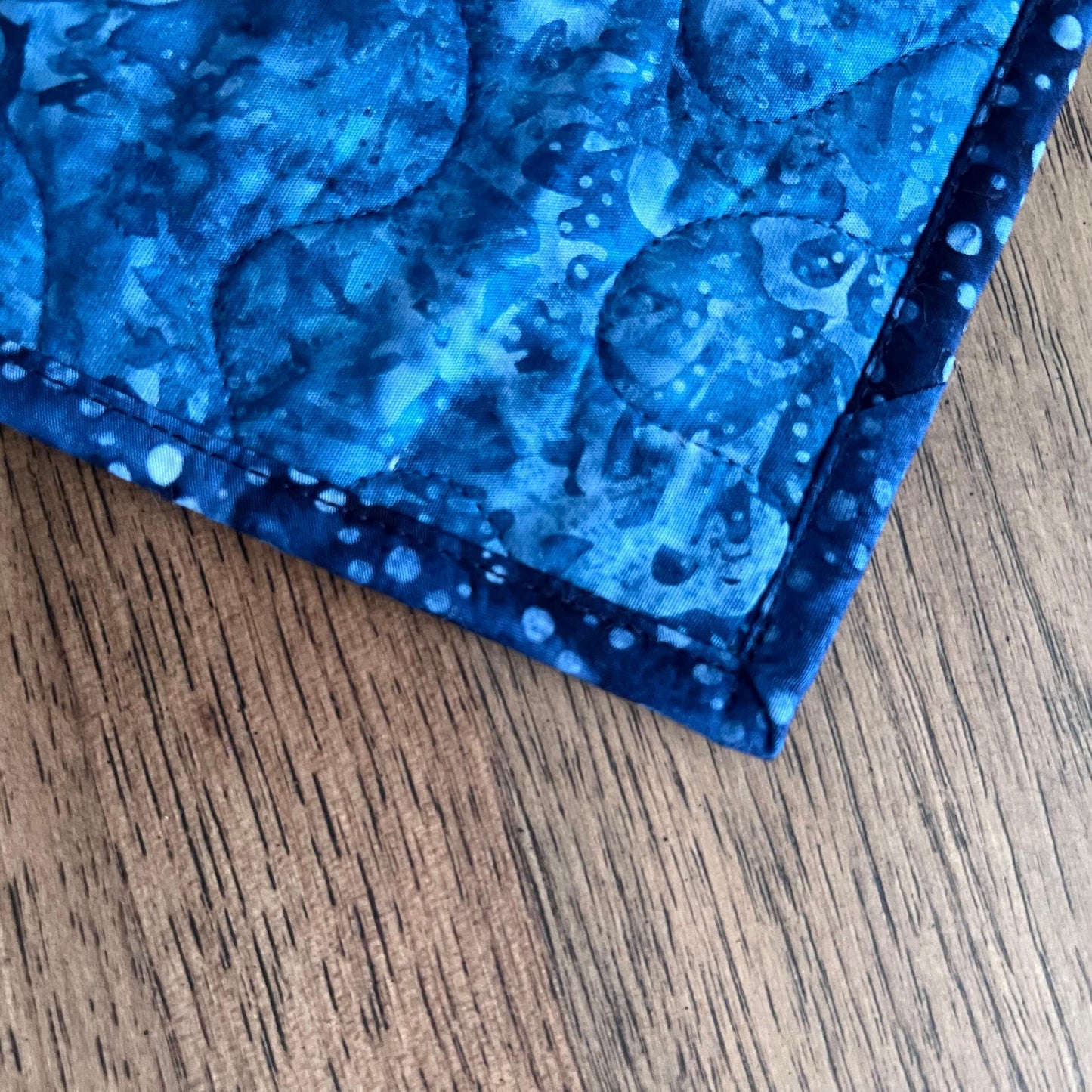 Blue Brown Batik Star Quilted Table Topper, 26.5" x 26.75", Handmade Navy Brown Cream Batik Stars Table Topper Quilt