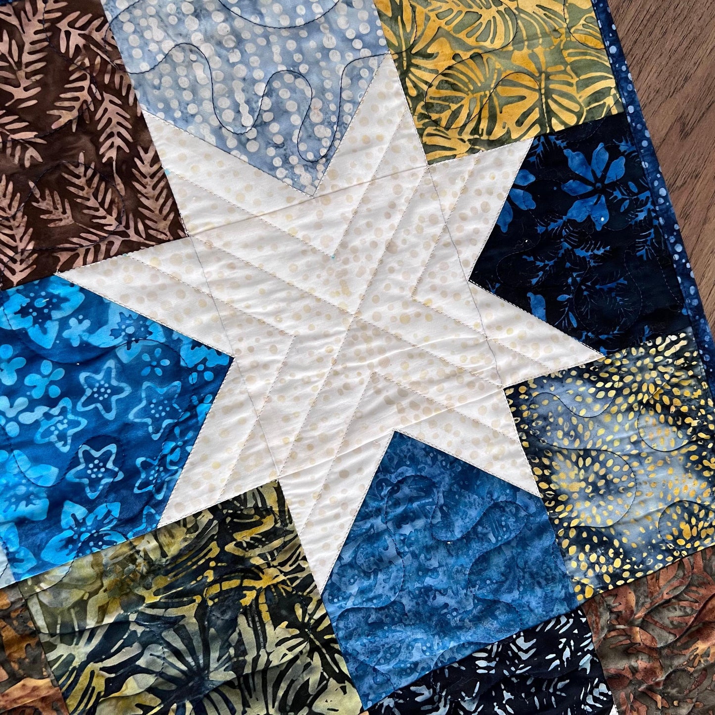 Blue Brown Batik Star Quilted Table Topper, 26.5" x 26.75", Handmade Navy Brown Cream Batik Stars Table Topper Quilt