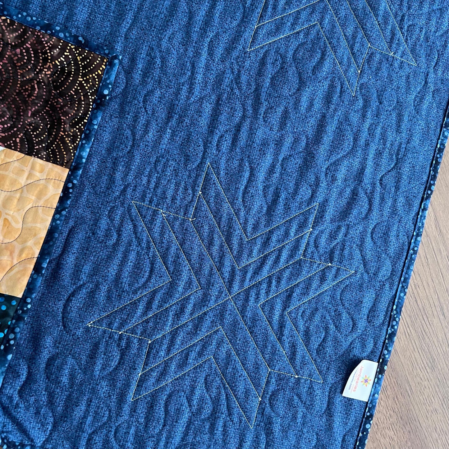 Blue Brown Batik Star Quilted Table Topper, 26.5" x 26.75", Handmade Navy Brown Cream Batik Stars Table Topper Quilt