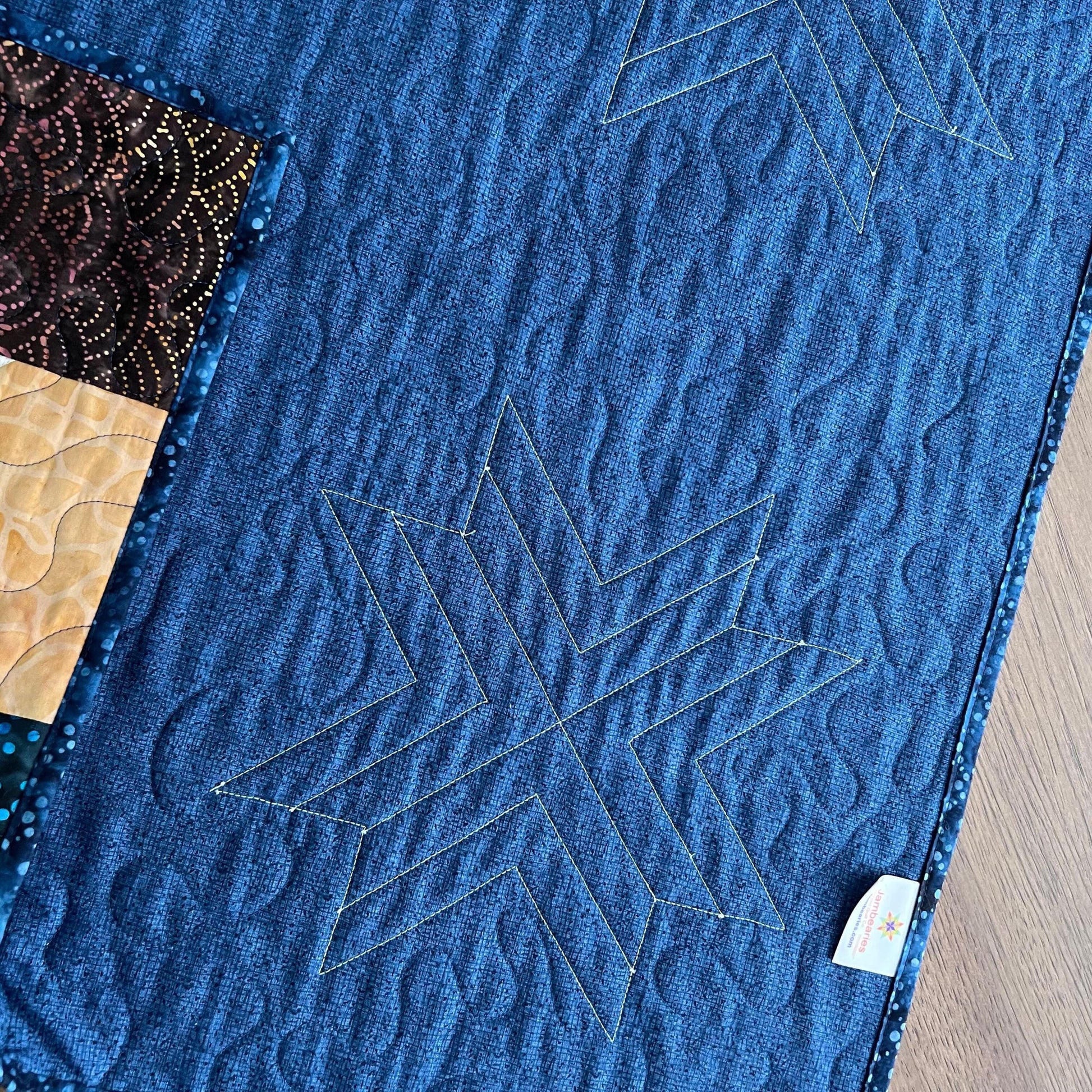 Blue Brown Batik Star Quilted Table Topper, 26.5" x 26.75", Handmade Navy Brown Cream Batik Stars Table Topper Quilt