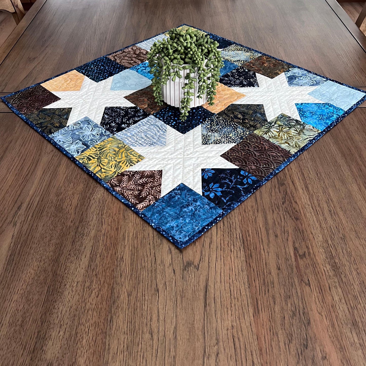Blue Brown Batik Star Quilted Table Topper, 26.5" x 26.75", Handmade Navy Brown Cream Batik Stars Table Topper Quilt