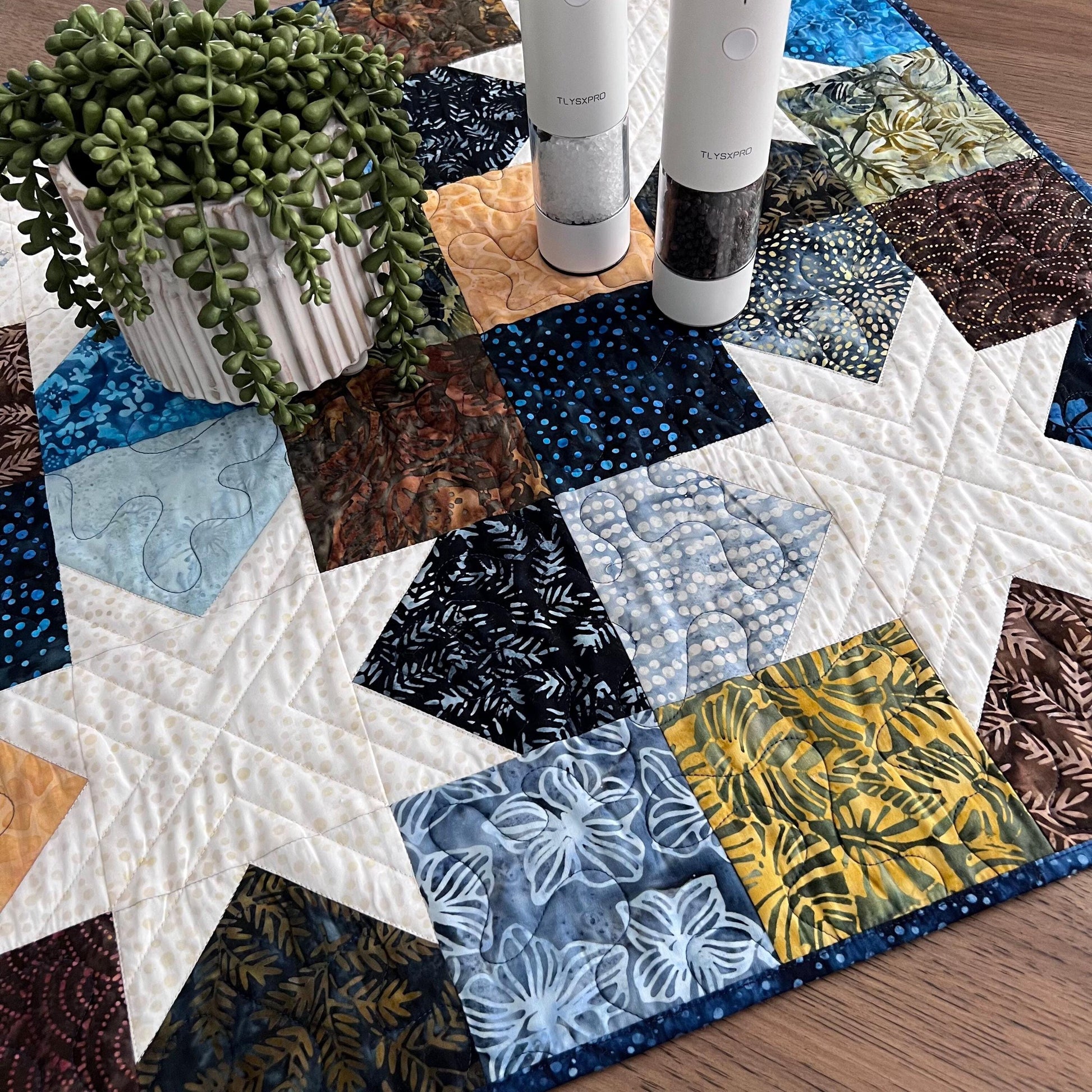 Blue Brown Batik Star Quilted Table Topper, 26.5" x 26.75", Handmade Navy Brown Cream Batik Stars Table Topper Quilt