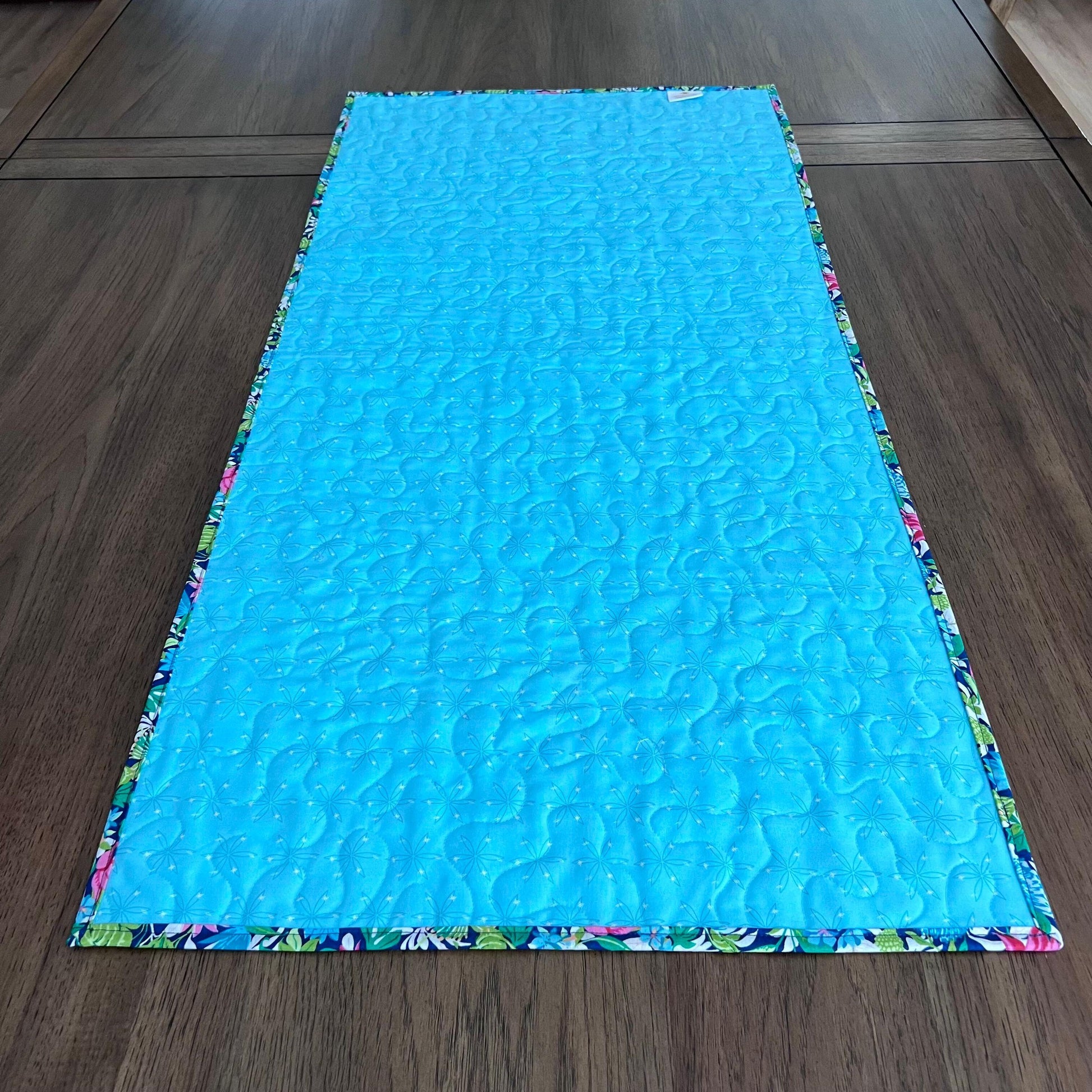 Tropical Trip Around the World Quilted Table Runner, 19" x 39.75", Handmade Blue Green Pink White Tropical Parrot Table Runner Quilt