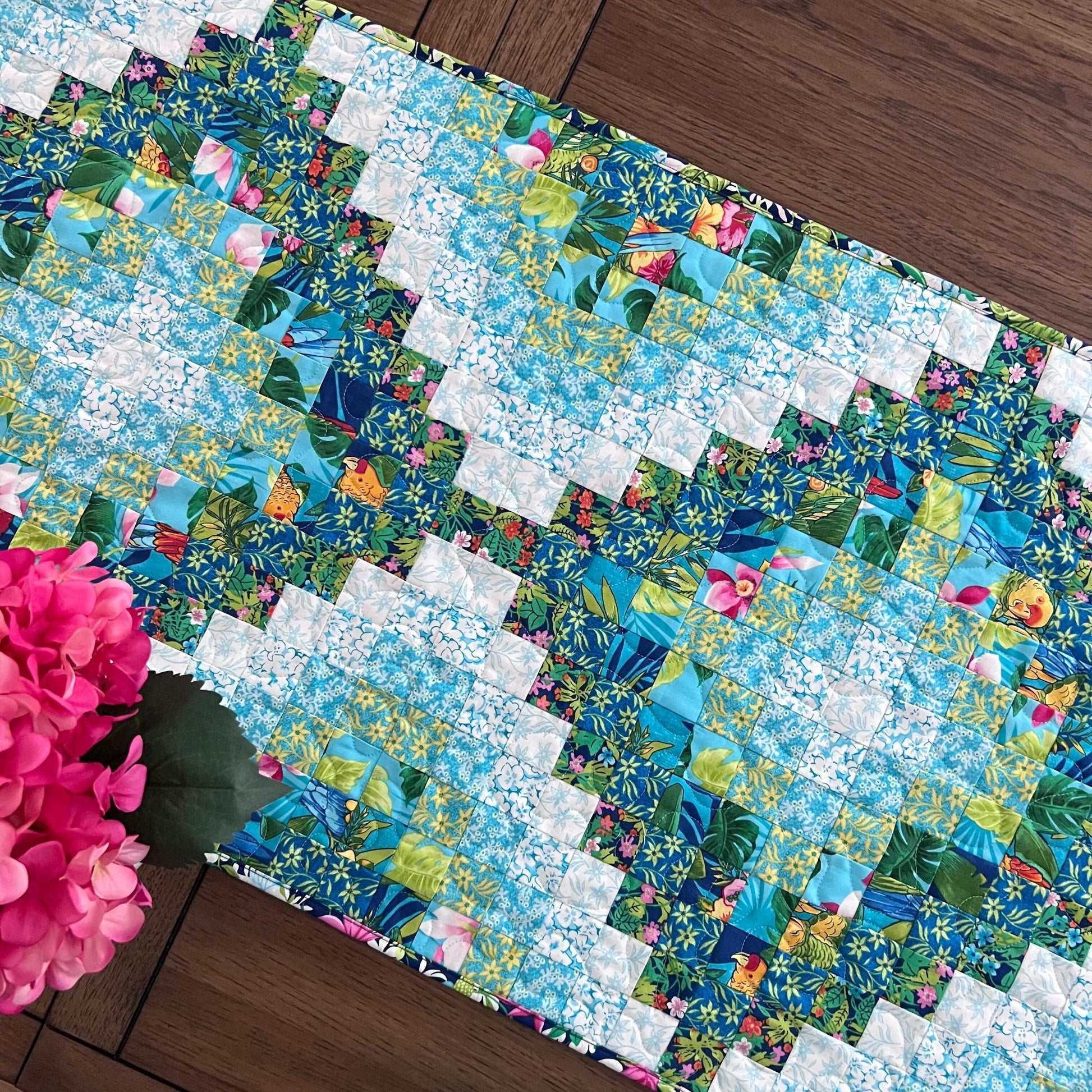 Tropical Trip Around the World Quilted Table Runner, 19" x 39.75", Handmade Blue Green Pink White Tropical Parrot Table Runner Quilt