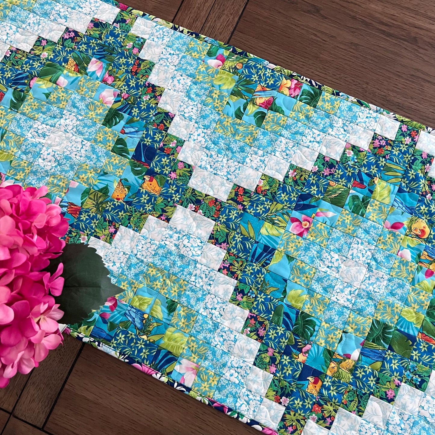 Tropical Trip Around the World Quilted Table Runner, 19" x 39.75", Handmade Blue Green Pink White Tropical Parrot Table Runner Quilt